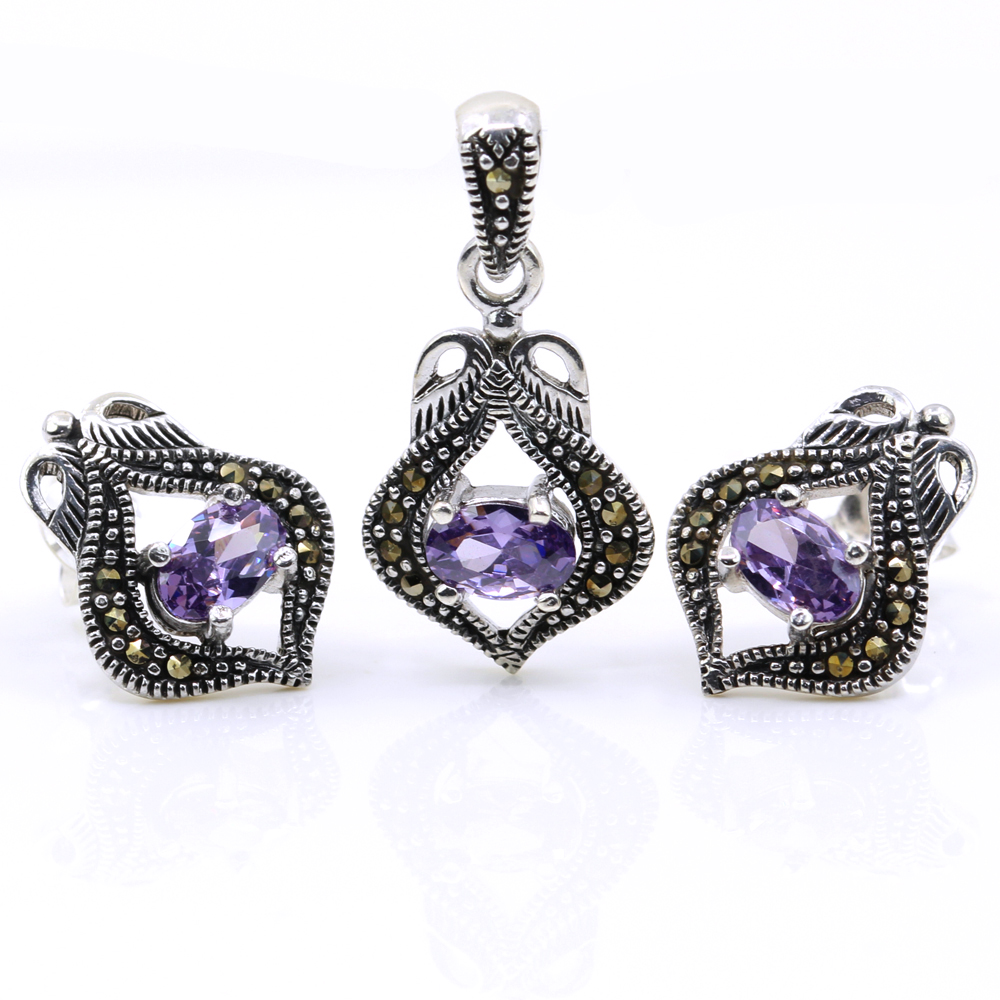 Set Lily cu marcasite, cercei, pandantiv, argint 925, mov
