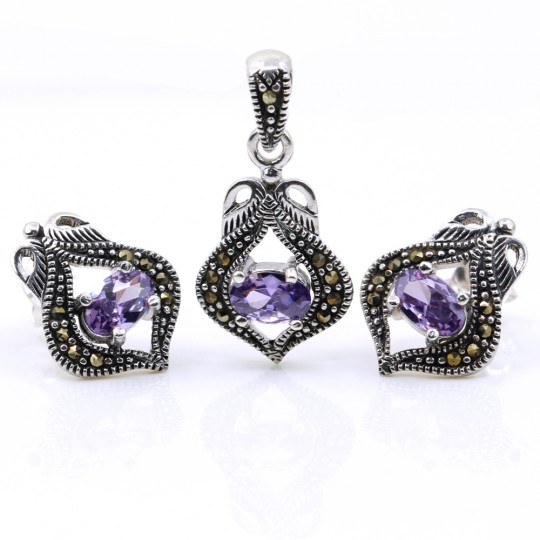 Set Lily cu marcasite, cercei, pandantiv, argint 925, mov