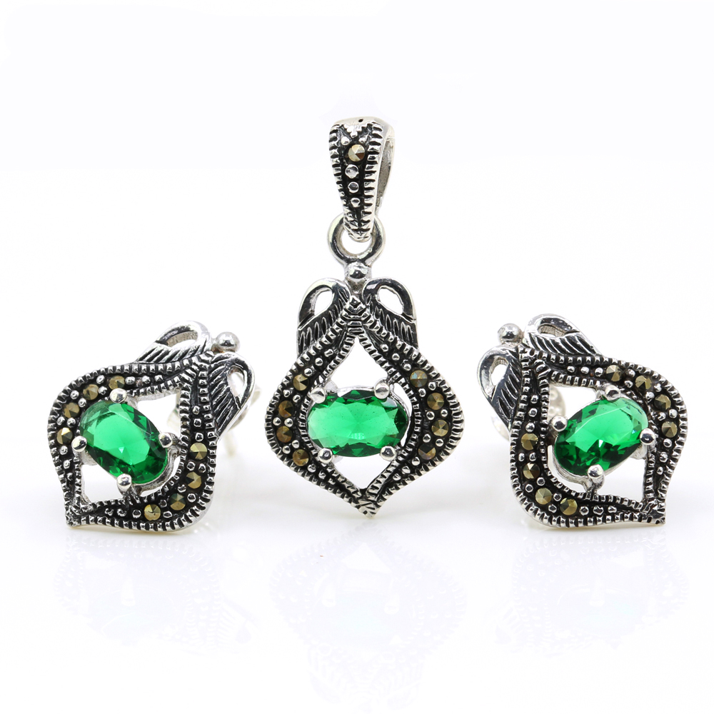 Set Lily cu marcasite, cercei, pandantiv, argint 925, verde emerald