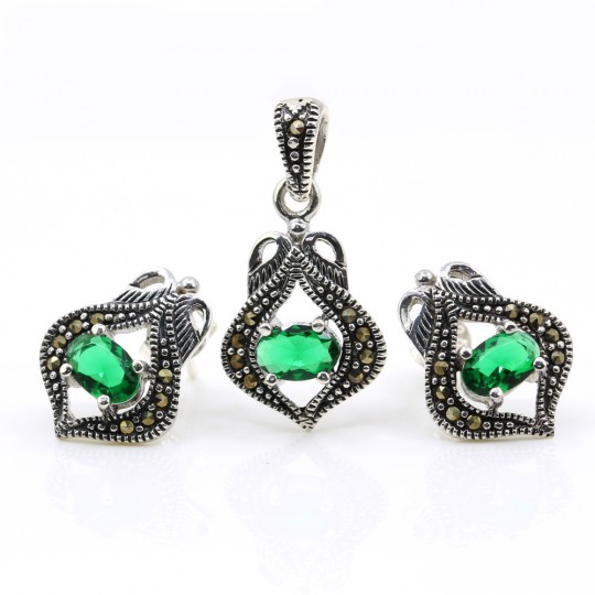 Set Lily cu marcasite, cercei, pandantiv, argint 925, verde emerald