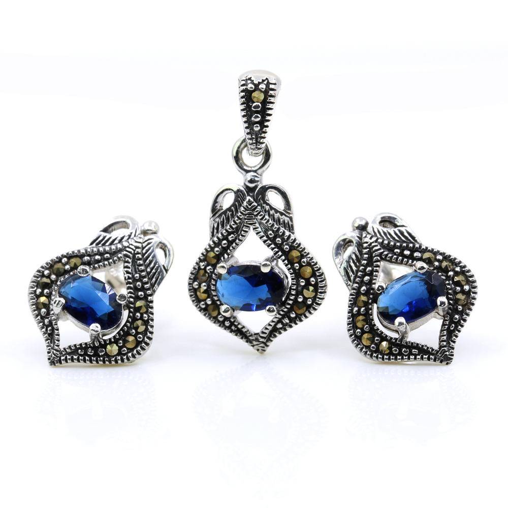 Set Lily cu marcasite, cercei, pandantiv, argint 925, albastru navy