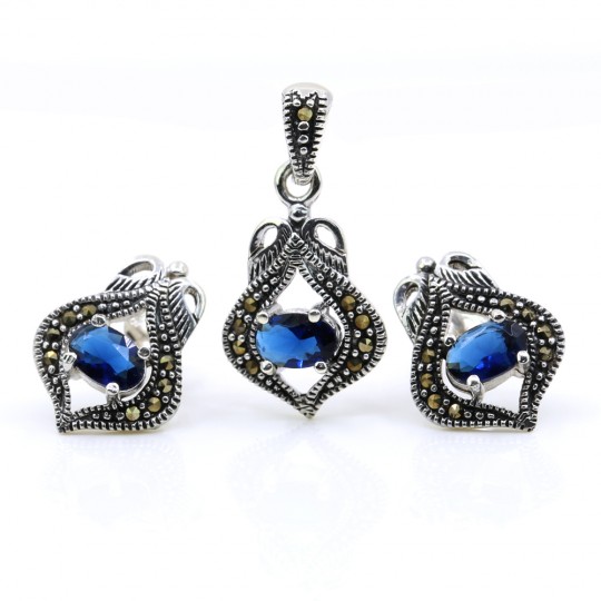 Set Lily cu marcasite, cercei, pandantiv, argint 925, albastru navy