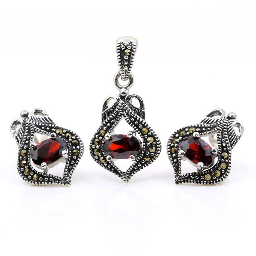 Set Lily cu marcasite, cercei, pandantiv, argint 925, rosu magma