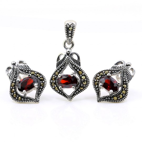 Set Lily cu marcasite, cercei, pandantiv, argint 925, rosu magma