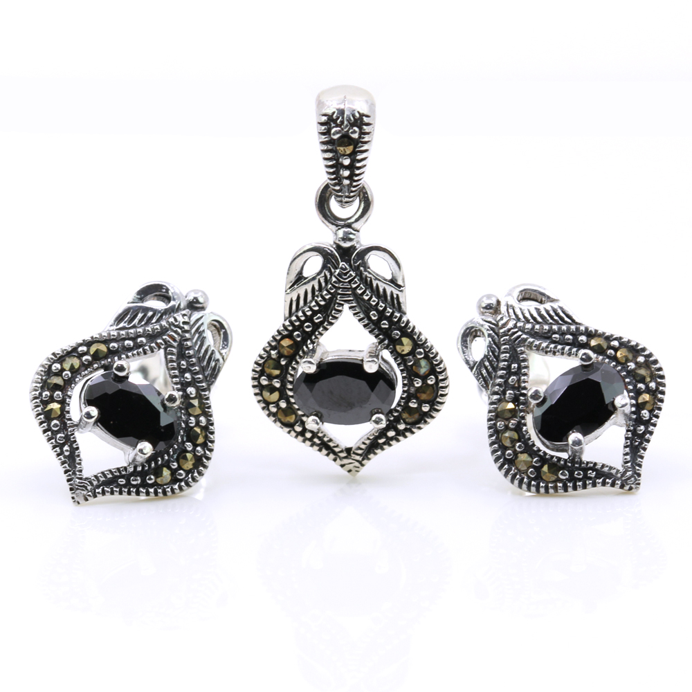 Set Lily cu marcasite, cercei, pandantiv, argint 925, negru jet