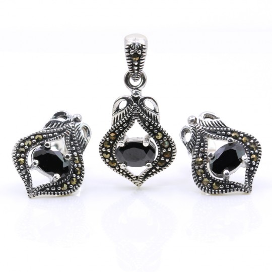 Set Lily cu marcasite, cercei, pandantiv, argint 925, negru jet
