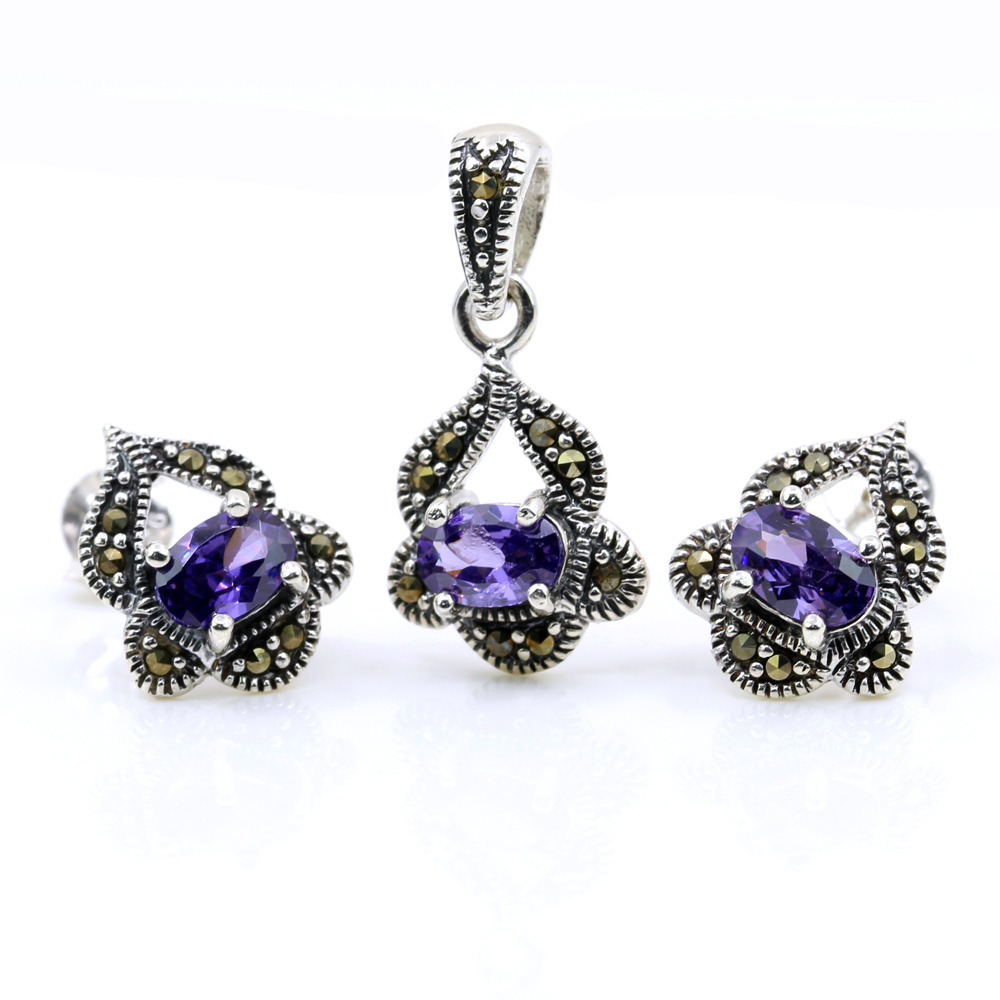 Set Gianna cu marcasite, cercei, pandantiv, argint 925, mov