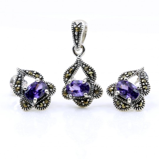 Set Gianna cu marcasite, cercei, pandantiv, argint 925, mov