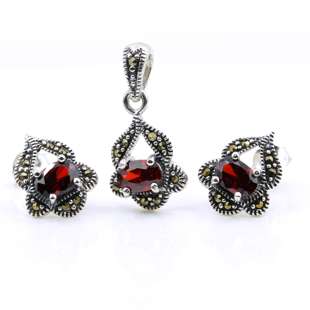 Set Gianna cu marcasite, cercei, pandantiv, argint 925, rosu magma