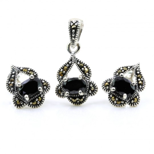 Set Gianna cu marcasite, cercei, pandantiv, argint 925, negru jet