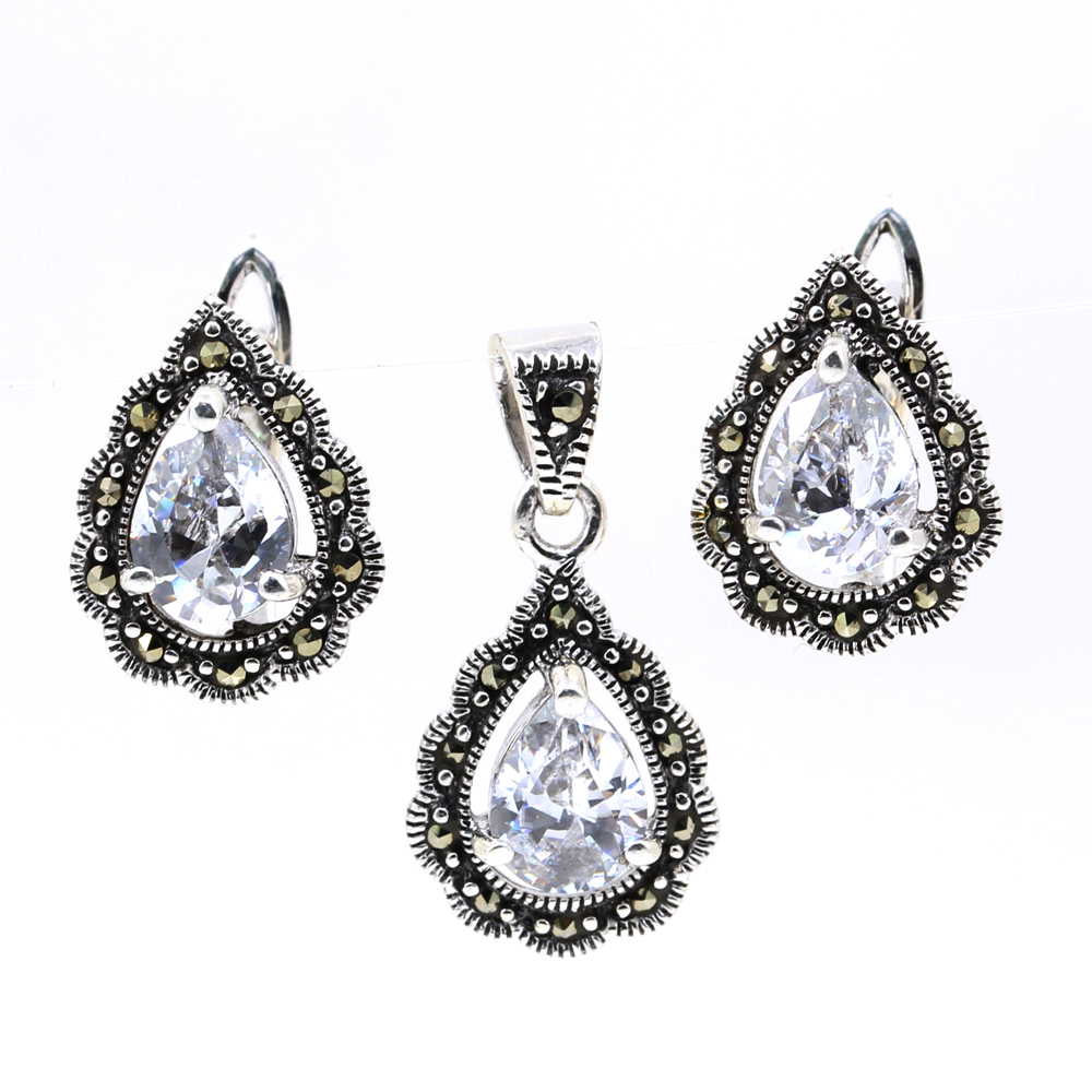 Set Picatura cu marcasite, cercei, pandantiv, argint 925, alb transparent
