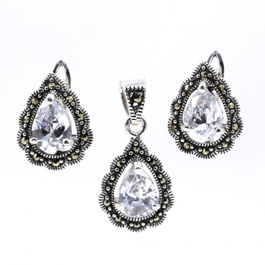 Set Picatura cu marcasite, cercei, pandantiv, argint 925, alb transparent