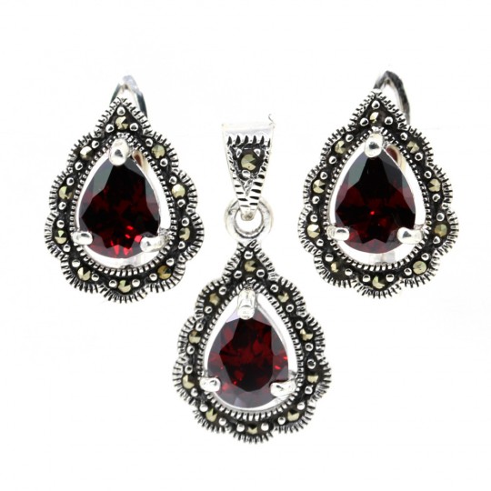 Set Picatura cu marcasite, cercei, pandantiv, argint 925, rosu magma