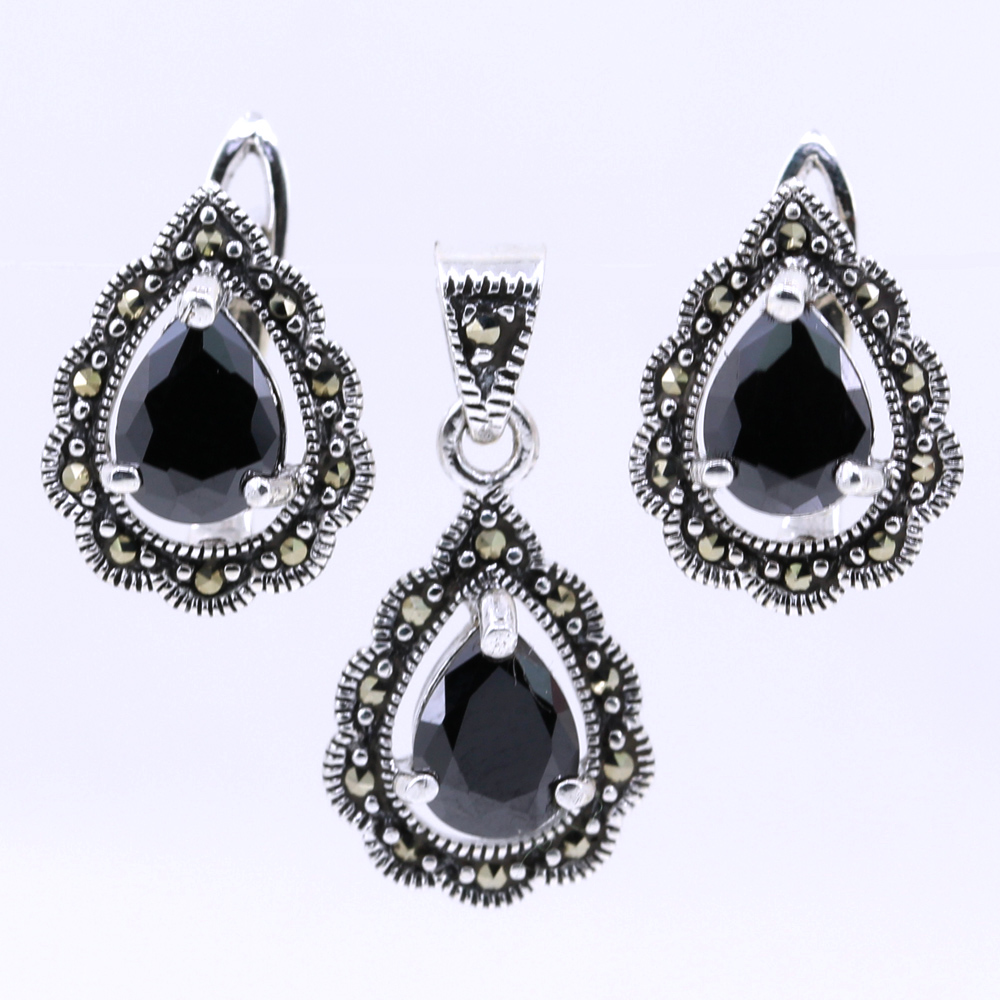 Set Picatura cu marcasite, cercei, pandantiv, argint 925, negru jet