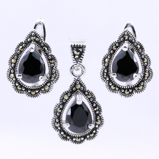 Set Picatura cu marcasite, cercei, pandantiv, argint 925, negru jet