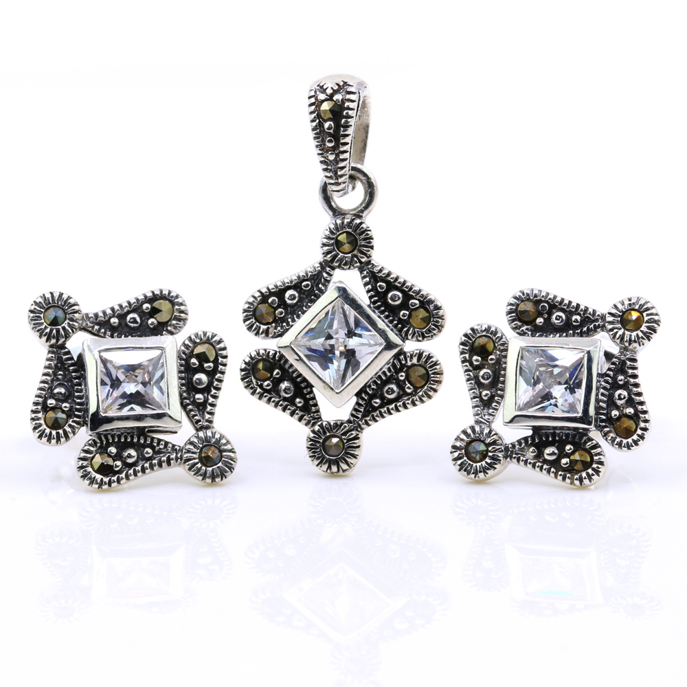 Set Romb cu marcasite, cercei, pandantiv, argint 925, alb transparent