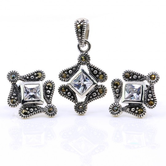 Set Romb cu marcasite, cercei, pandantiv, argint 925, alb transparent