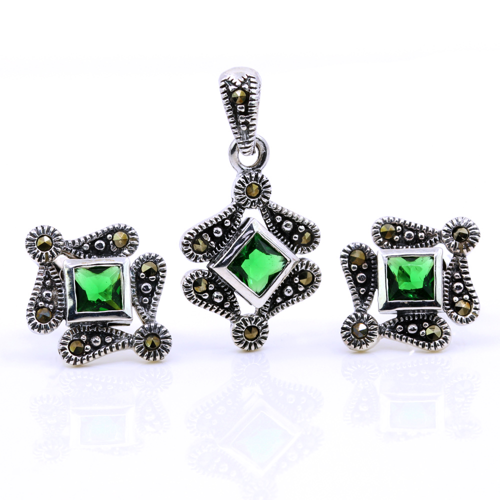 Set Romb cu marcasite, cercei, pandantiv, argint 925, verde emerald