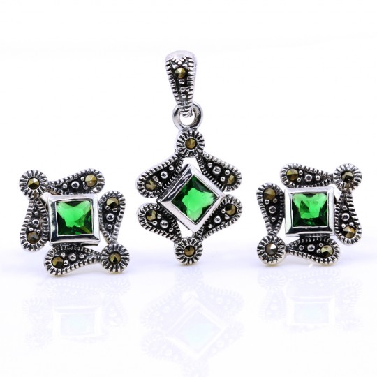 Set Romb cu marcasite, cercei, pandantiv, argint 925, verde emerald