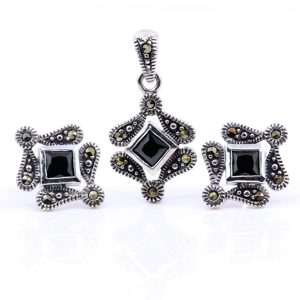 Set Romb cu marcasite, cercei, pandantiv, argint 925, negru jet