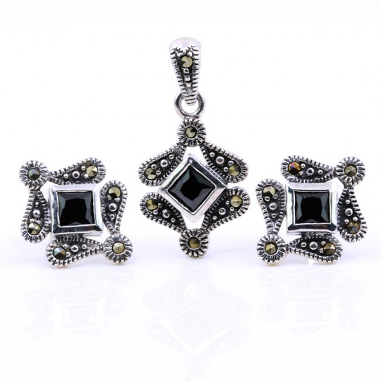 Set Romb cu marcasite, cercei, pandantiv, argint 925, negru jet