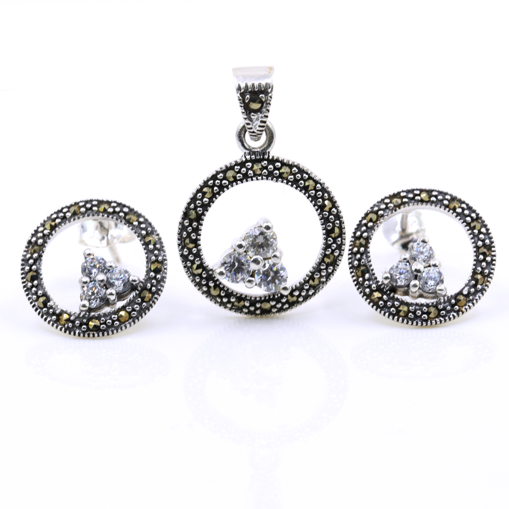 Set Aria cu marcasite, cercei, pandantiv, argint 925, alb transparent