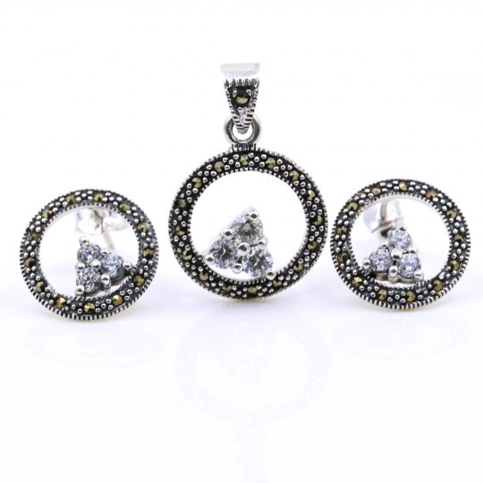 Set Aria cu marcasite, cercei, pandantiv, argint 925, alb transparent