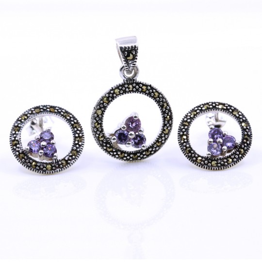 Set Aria cu marcasite, cercei, pandantiv, argint 925, mov