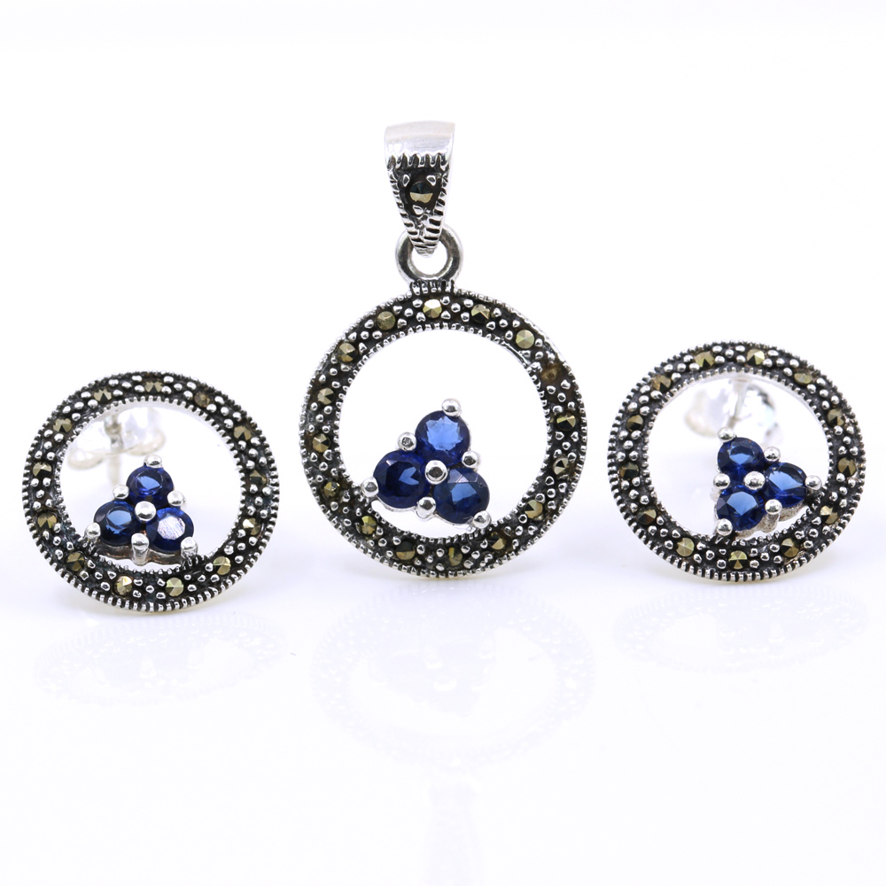 Set Aria cu marcasite, cercei, pandantiv, argint 925, albastru navy
