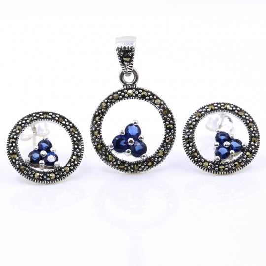 Set Aria cu marcasite, cercei, pandantiv, argint 925, albastru navy