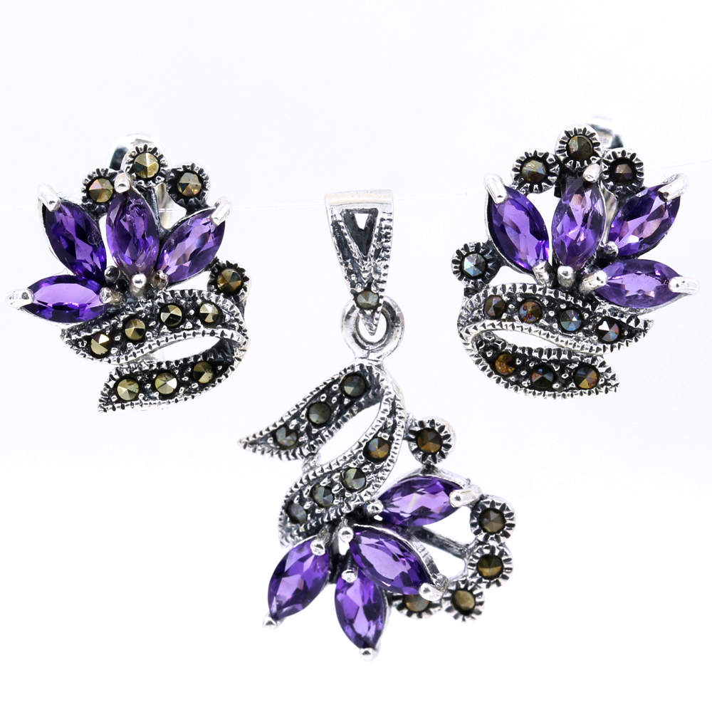 Set Nora cu marcasite, cercei, pandantiv, argint 925, mov