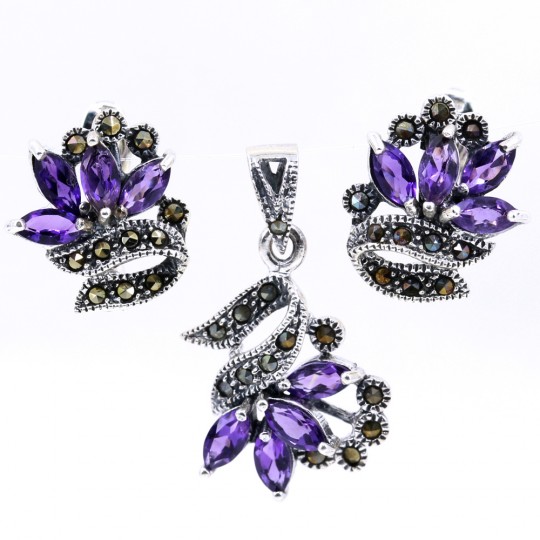 Set Nora cu marcasite, cercei, pandantiv, argint 925, mov