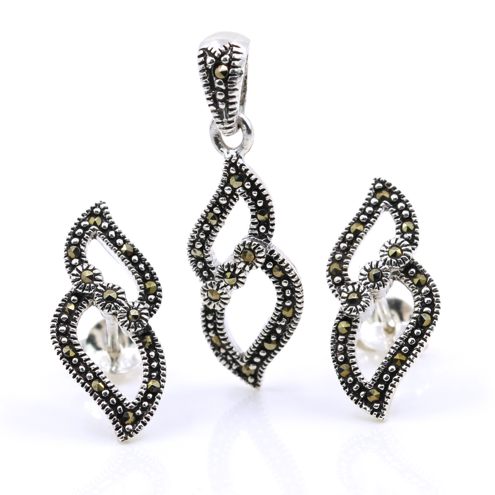Set Fancy infinit cu marcasite, cercei, pandantiv, argint 925