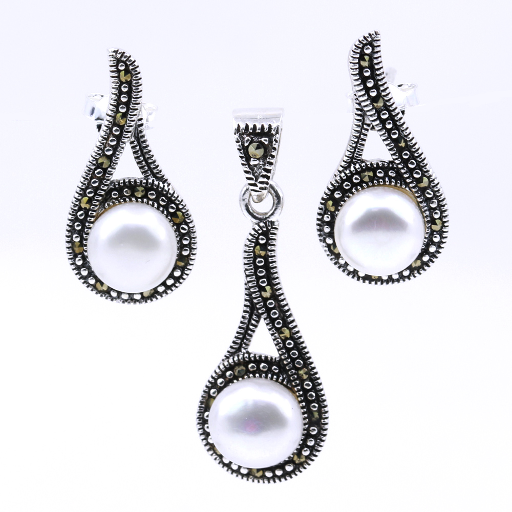 Set Picatura cu perla cultura si marcasite, cercei, pandantiv, argint 925