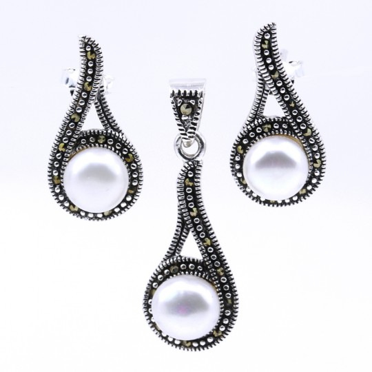 Set Picatura cu perla cultura si marcasite, cercei, pandantiv, argint 925