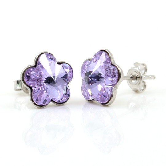 Cercei cu cristale fancy floare Swarovski de 10mm Violet, argint 925 rodiat