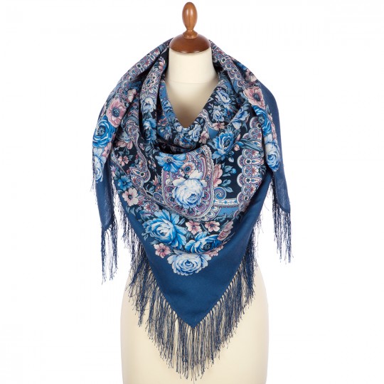 Premium shawl Beauty Girl, wool, blue - 125x125cm