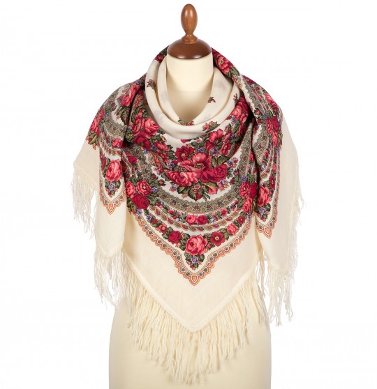 Premium shawl Rose Garden, wool, ivory - 125x125cm