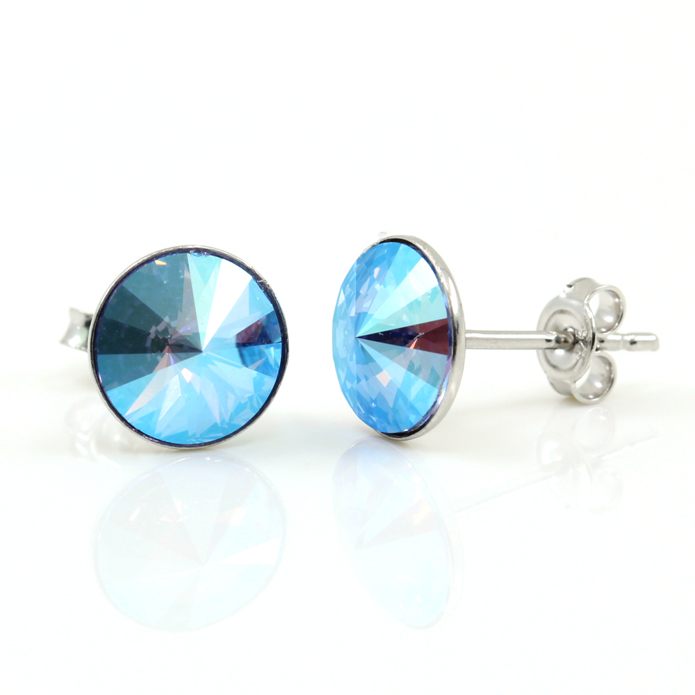 Cercei cu cristale rivoli Swarovski de 8mm Light Turquoise Blue AB, argint 925 rodiat