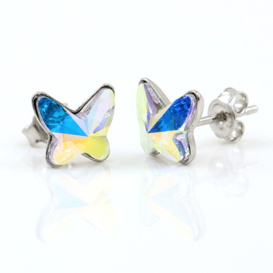 Cercei cu cristale cabochon fluture Swarovski de 8mm Aurore Boreale, argint 925 rodiat