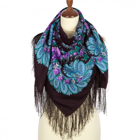 Premium scarf Flower fan, wool, brown - 110x110cm