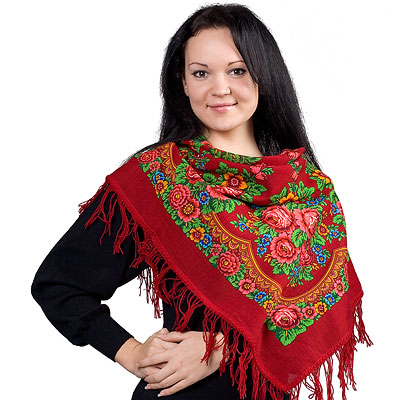 Esarfa ruseasca Matreshka din lana, rosu, 89x89cm