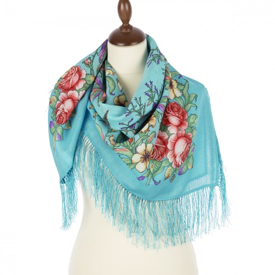 Premium scarf Spring journey, wool, turquoise - 89x89cm