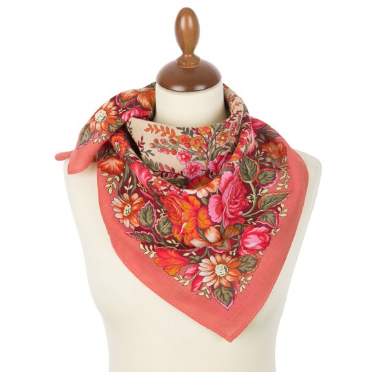 Esarfa premium Cherished Dream din lana, frez coral, 72x72cm