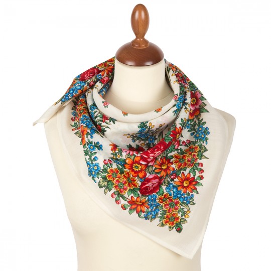 Premium scarf My Garden wool, ivory - 72x72cm