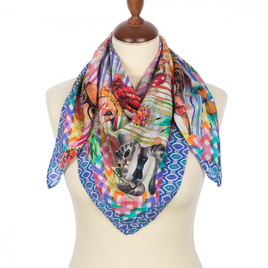 Premium scarf Happy friends, crepe de chine silk - 89x89cm