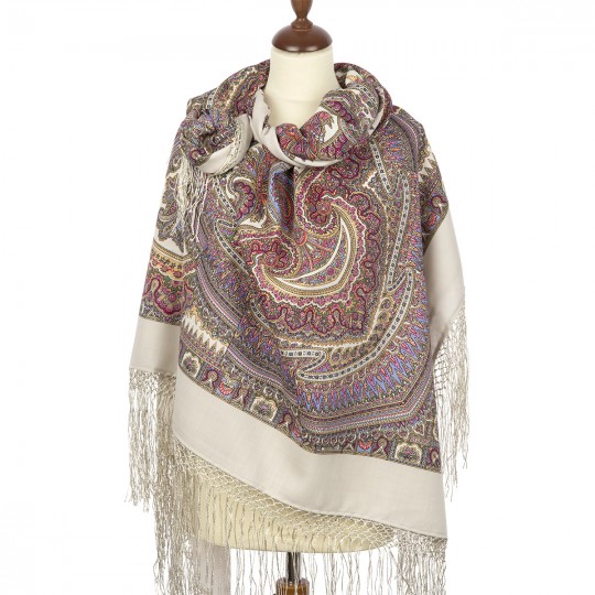 Russian shawl Magic design, wool, greige - 148x148cm