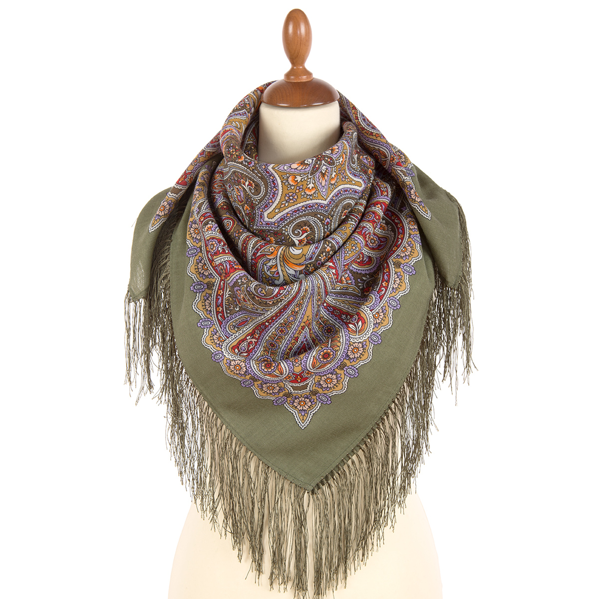 Premium scarf Among the dense branches, wool, khaki green - 89x89cm