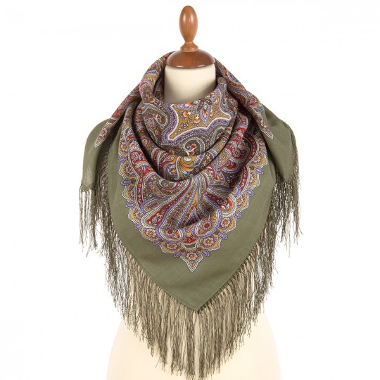 Premium scarf Among the dense branches, wool, khaki green - 89x89cm