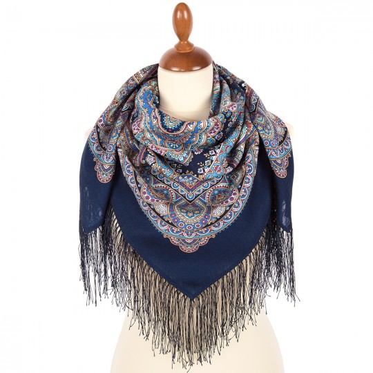 Russian scarf Spring Rain Song, wool, indigo blue - 89x89cm